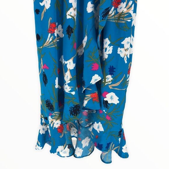 J Crew Mercantile Blue Floral Short Ruffle Sleeve. Faux Wrap Surplice Midi Dress - Picture 6 of 11